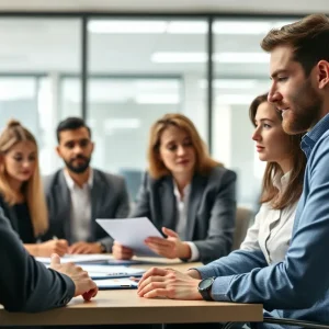 Employees in a tense office environment discussing management concerns.