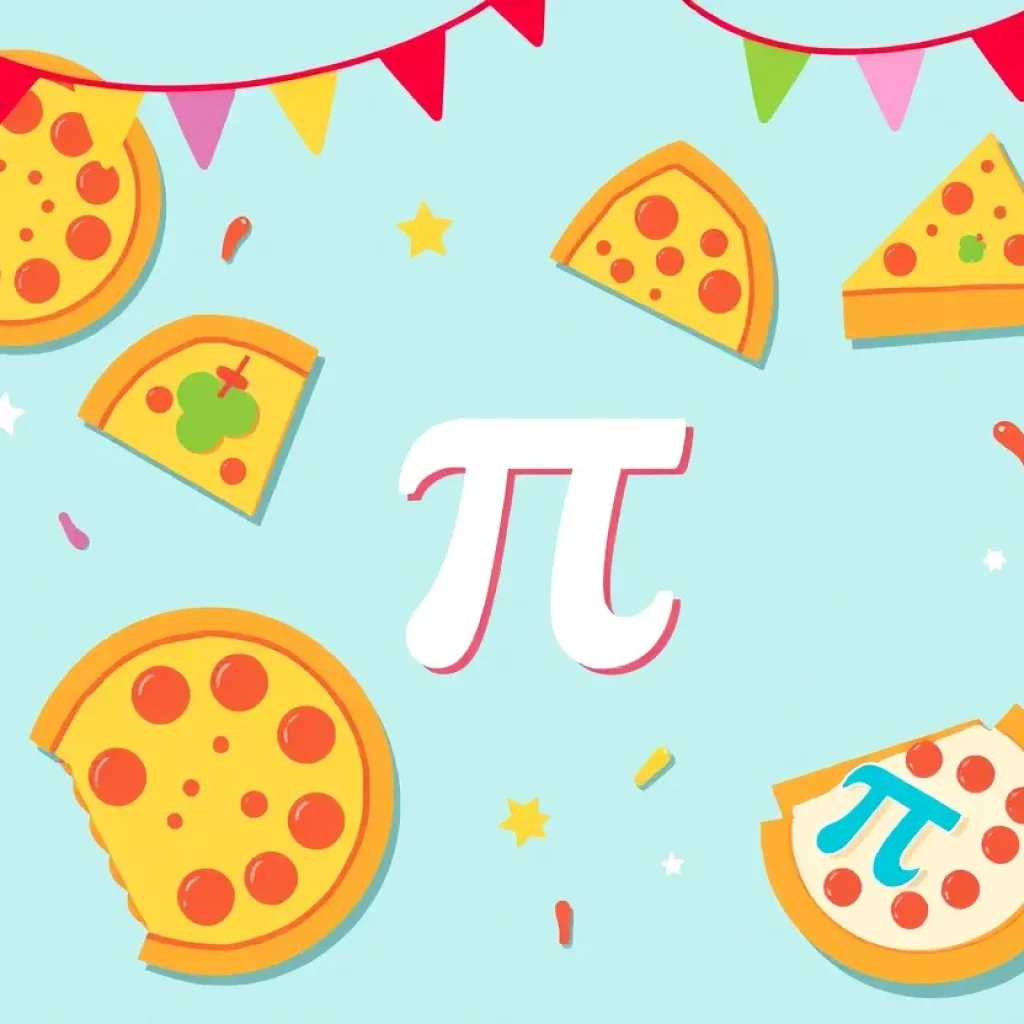 An assortment of pizzas and pies with Pi Day decorations