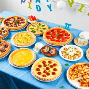 A variety of pizzas and pies celebrating Pi Day on a festive table.