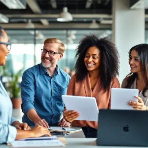 Diverse employees working together in an office setting