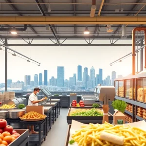 View of a Rich Products manufacturing plant with Buffalo skyline