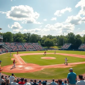 Scene from a college baseball game featuring the San Diego Aztecs