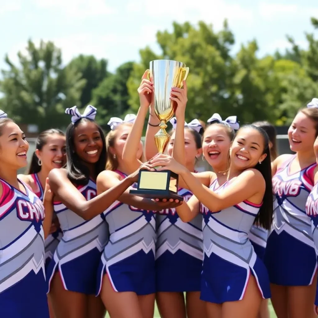 Saugus High School cheer team celebrating with their trophy
