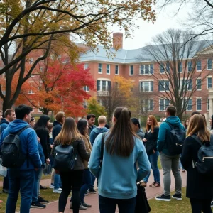 Students discussing serious emotions on a university campus.