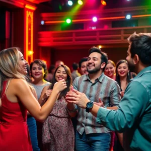 Friends celebrating together in a theater setting