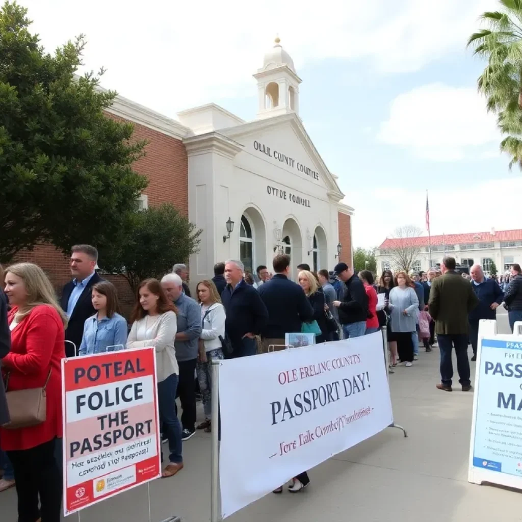 Families and individuals waiting for passport services at the Old Orange County Courthouse during Special Passport Day