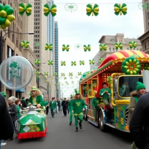 Participants in a St. Patrick's Day parade wearing green celebrating in Orange County