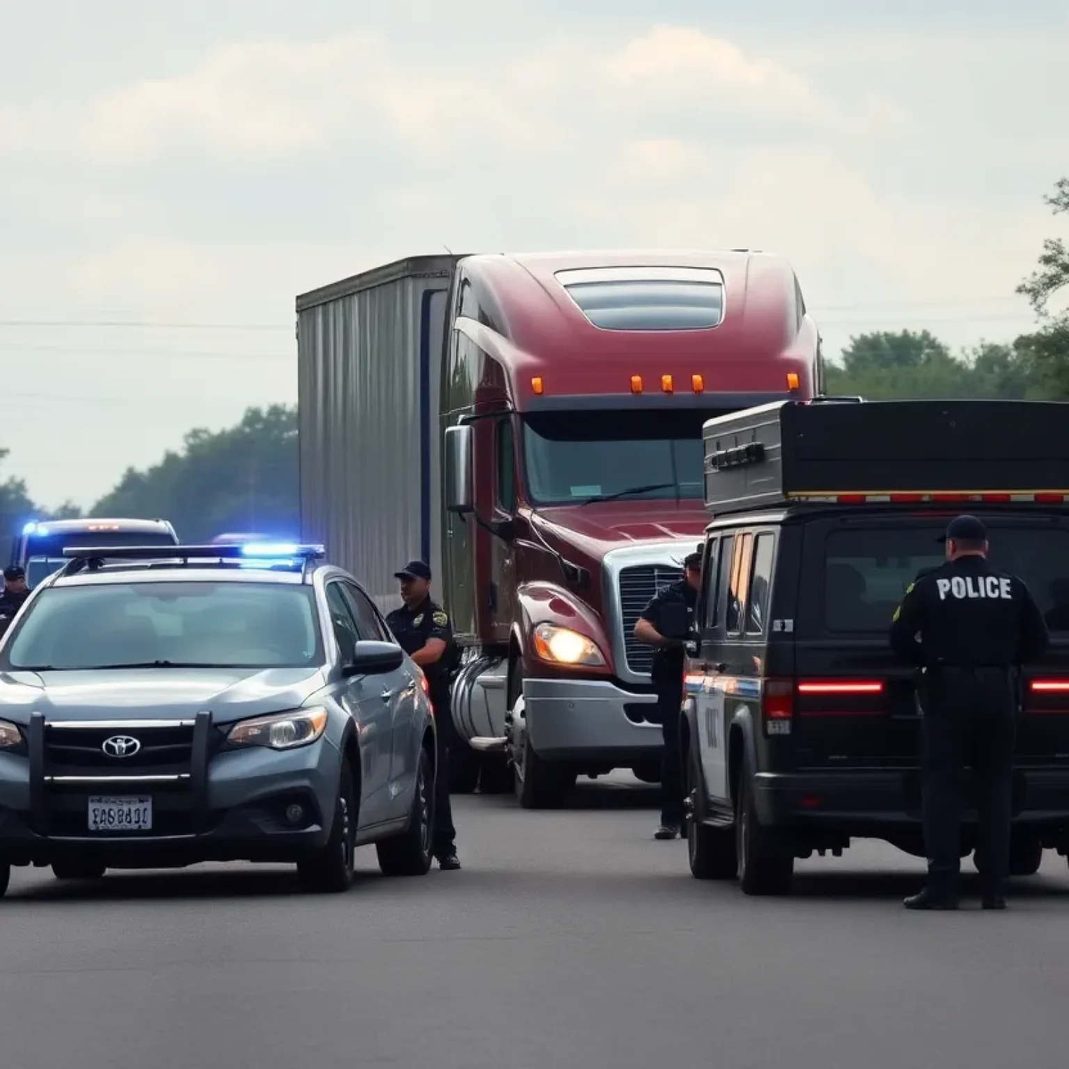 Police conducting a drug bust near a semi-truck in New Jersey