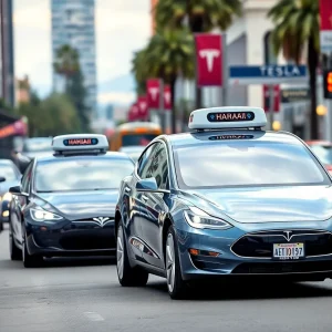 Tesla vehicle in a bustling California city, ready for ride-hailing.