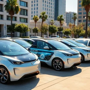 A fleet of Tesla electric vehicles in an urban setting