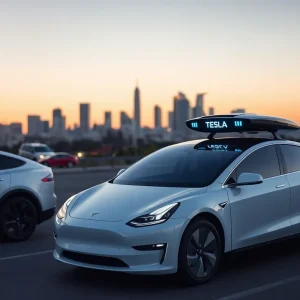 Urban scene featuring Tesla vehicles ready for ride service with California skyline.