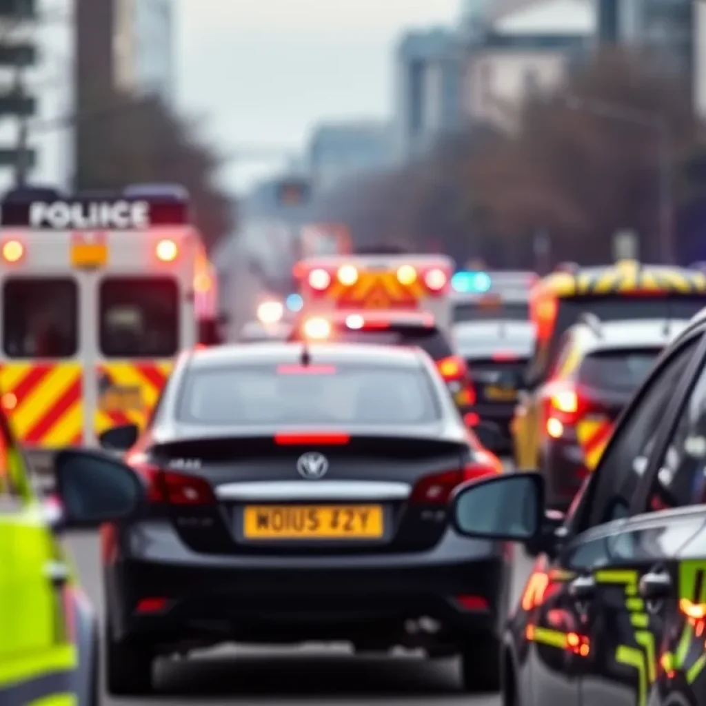 Scene of a traffic incident with emergency vehicles