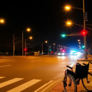 Scene of a tragic accident at a busy intersection in Fullerton, with a wheelchair visible.