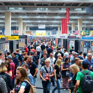 A lively scene from WonderCon 2026 with fans and exhibitors.
