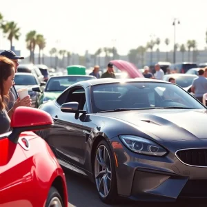 Cars and people at the Cars, Coffee, And Culture event in Anaheim