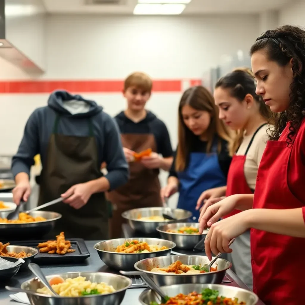 Students participating in the Anaheim culinary competition preparing diverse dishes.