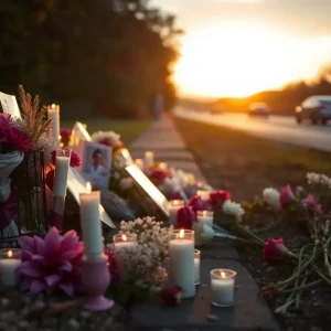 A memorial with candles and flowers for victims of a tragic accident in Anaheim.