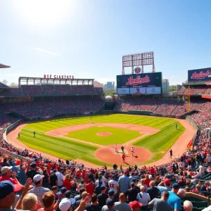 A crowd of fans at Angel Stadium during the home opener game.