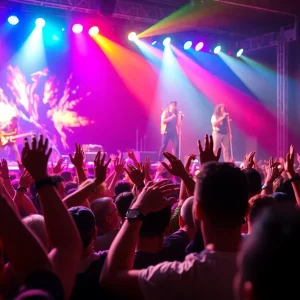 A crowd enjoying Bon Jovi's concert with colorful lights in the background