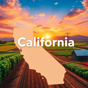A landscape of California agriculture showing farms and tech.