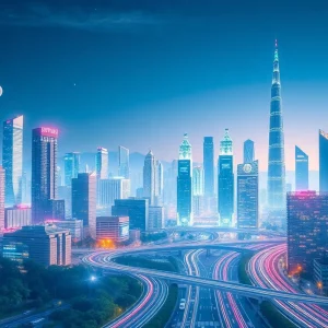Futuristic cityscape representing AI regulation and technology.