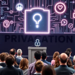 Illustration of a public debate on AI regulations focusing on privacy issues.