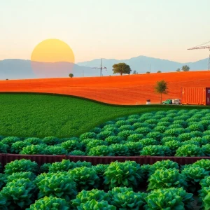 California landscape with economic symbols representing trade and agriculture