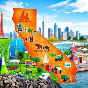 Illustration depicting the vibrant economy of California with symbols of technology, agriculture, and trade.