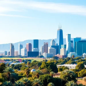 A skyline of California showcasing various industries.
