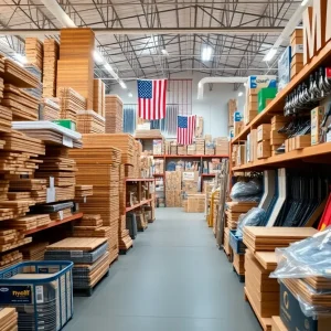 Inside a California hardware store showcasing a variety of lumber and tools.