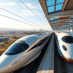 Rendering of a futuristic California high-speed rail station