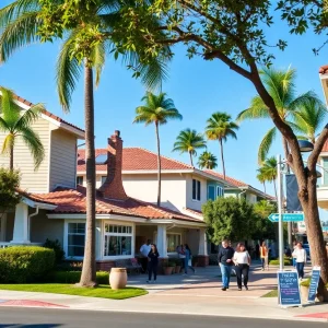Vibrant California neighborhood bustling with home sales and local businesses