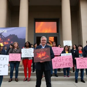 Homeowners protesting against insurance companies in front of a courthouse