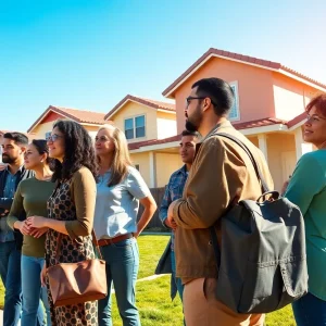 A diverse group of people observing homes in California.