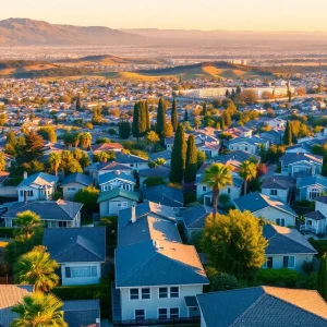 A view of California depicting urban and residential housing
