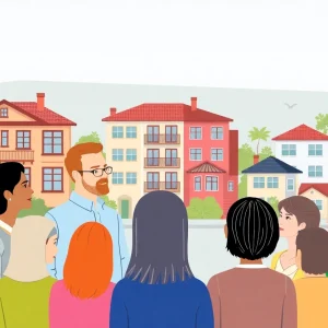 A group of people discussing rent control issues in California.