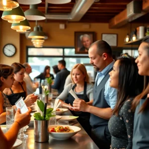 Service workers in a California restaurant discussing tips