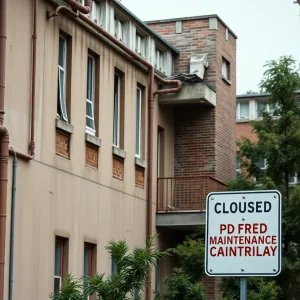 Buildings on a California university campus in need of repair.