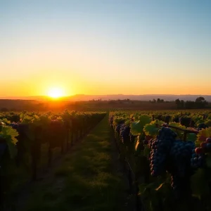Sunset over a California vineyard with rows of grapevines