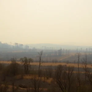 Landscape showing the aftermath of the California wildfires with burnt trees and smoke.