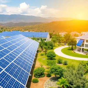 California landscape featuring solar panels and energy-efficient buildings