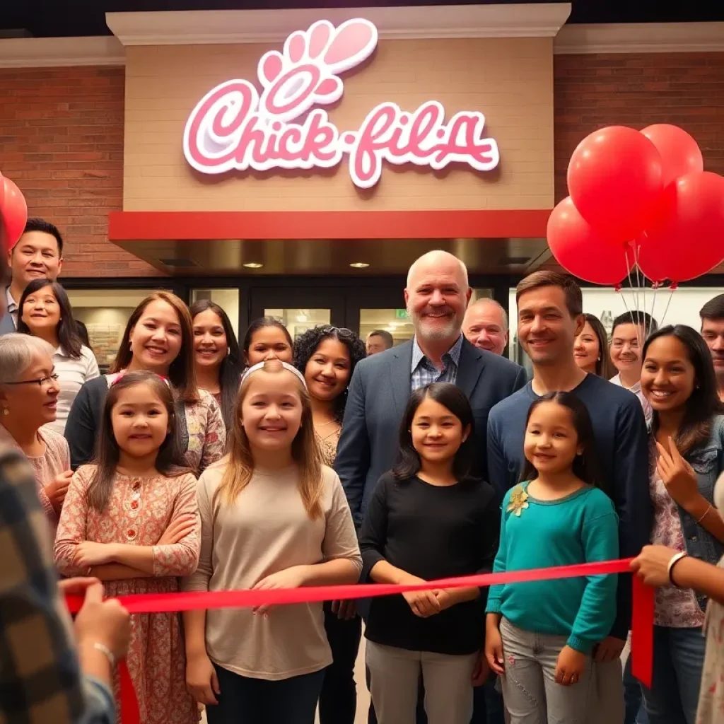 Community members celebrating at the grand opening of Chick-fil-A in Costa Mesa.
