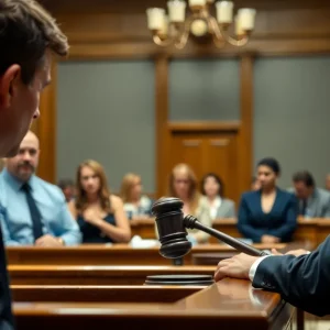 Courtroom scene depicting a verdict being delivered
