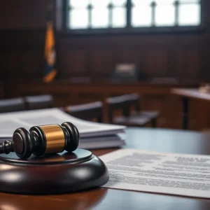 Courtroom with gavel and legal documents