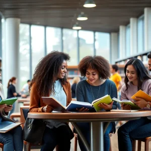 Students at university library engaging in collaborative study.