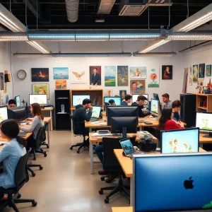 Students working in a modern animation studio at Cal State Fullerton.