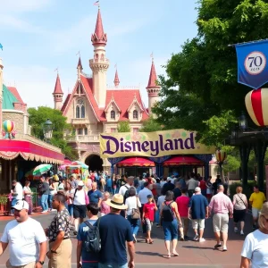 Disneyland park with attractions and guests celebrating the 70th anniversary.