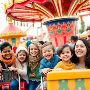 Families enjoying a theme park with vibrant rides and attractions
