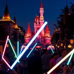 Disneyland Season of the Force event with Star Wars decorations and guests enjoying.