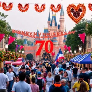 Celebration at Disneyland for the 70th Anniversary with attractions and happy visitors.